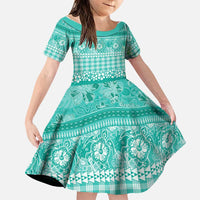 Hawaiian Hibiscus Honu Family Matching Long Sleeve Bodycon Dress and Hawaiian Shirt Turquoise Mele Kalikimaka Palaka Spirit LT9 Daughter's Dress Turquoise - Polynesian Pride