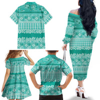 Hawaiian Hibiscus Honu Family Matching Off The Shoulder Long Sleeve Dress and Hawaiian Shirt Turquoise Mele Kalikimaka Palaka Spirit LT9 - Polynesian Pride