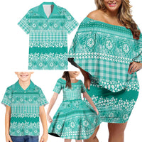 Hawaiian Hibiscus Honu Family Matching Off Shoulder Short Dress and Hawaiian Shirt Turquoise Mele Kalikimaka Palaka Spirit LT9 - Polynesian Pride