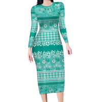 Hawaiian Hibiscus Honu Long Sleeve Bodycon Dress Turquoise Mele Kalikimaka Palaka Spirit LT9 Long Dress Turquoise - Polynesian Pride