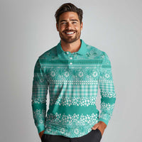 Hawaiian Hibiscus Honu Long Sleeve Polo Shirt Turquoise Mele Kalikimaka Palaka Spirit LT9 - Polynesian Pride