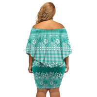 Hawaiian Hibiscus Honu Off Shoulder Short Dress Turquoise Mele Kalikimaka Palaka Spirit LT9 - Polynesian Pride