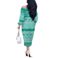 Hawaiian Hibiscus Honu Off The Shoulder Long Sleeve Dress Turquoise Mele Kalikimaka Palaka Spirit LT9 - Polynesian Pride