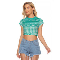 Hawaiian Hibiscus Honu Raglan Cropped T Shirt Turquoise Mele Kalikimaka Palaka Spirit LT9 Female Turquoise - Polynesian Pride