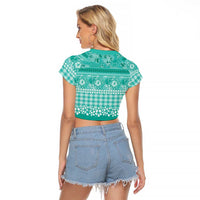Hawaiian Hibiscus Honu Raglan Cropped T Shirt Turquoise Mele Kalikimaka Palaka Spirit LT9 - Polynesian Pride