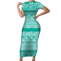 Hawaiian Hibiscus Honu Short Sleeve Bodycon Dress Turquoise Mele Kalikimaka Palaka Spirit LT9 Long Dress Turquoise - Polynesian Pride