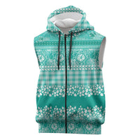 Hawaiian Hibiscus Honu Sleeveless Zip Hoodie Turquoise Mele Kalikimaka Palaka Spirit LT9 Turquoise - Polynesian Pride