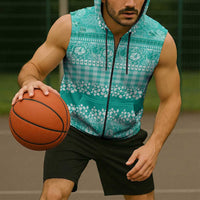 Hawaiian Hibiscus Honu Sleeveless Zip Hoodie Turquoise Mele Kalikimaka Palaka Spirit LT9 - Polynesian Pride