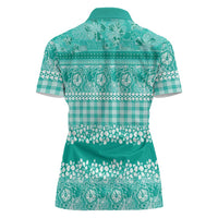 Hawaiian Hibiscus Honu Women Polo Shirt Turquoise Mele Kalikimaka Palaka Spirit LT9 - Polynesian Pride