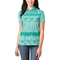 Hawaiian Hibiscus Honu Women Polo Shirt Turquoise Mele Kalikimaka Palaka Spirit LT9 - Polynesian Pride
