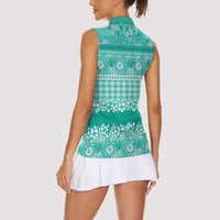Hawaiian Hibiscus Honu Women Sleeveless Polo Shirt Turquoise Mele Kalikimaka Palaka Spirit LT9 - Polynesian Pride