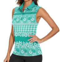 Hawaiian Hibiscus Honu Women Sleeveless Polo Shirt Turquoise Mele Kalikimaka Palaka Spirit LT9 - Polynesian Pride