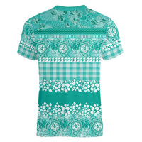 Hawaiian Hibiscus Honu Women V-Neck T-Shirt Turquoise Mele Kalikimaka Palaka Spirit LT9 - Polynesian Pride