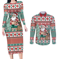 Hawaiian Funny Santa Surf Couples Matching Long Sleeve Bodycon Dress and Long Sleeve Button Shirt Mele Kalikimaka Palaka Quilt Pattern LT9 Green - Polynesian Pride