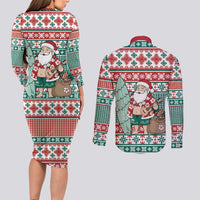 Hawaiian Funny Santa Surf Couples Matching Long Sleeve Bodycon Dress and Long Sleeve Button Shirt Mele Kalikimaka Palaka Quilt Pattern LT9 - Polynesian Pride