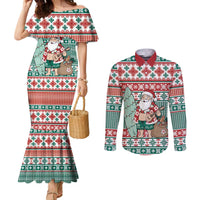 Hawaiian Funny Santa Surf Couples Matching Mermaid Dress and Long Sleeve Button Shirt Mele Kalikimaka Palaka Quilt Pattern LT9 Green - Polynesian Pride