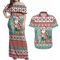 Hawaiian Funny Santa Surf Couples Matching Off Shoulder Maxi Dress and Hawaiian Shirt Mele Kalikimaka Palaka Quilt Pattern LT9 Green - Polynesian Pride