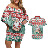 Hawaiian Funny Santa Surf Couples Matching Off Shoulder Short Dress and Hawaiian Shirt Mele Kalikimaka Palaka Quilt Pattern LT9 Green - Polynesian Pride