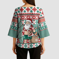 Hawaiian Funny Santa Surf Kimono Sleeve Blouse Mele Kalikimaka Palaka Quilt Pattern - Polynesian Pride