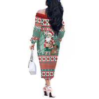 Hawaiian Funny Santa Surf Off The Shoulder Long Sleeve Dress Mele Kalikimaka Palaka Quilt Pattern - Polynesian Pride