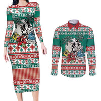 Hawaiian Skull Surfs Couples Matching Long Sleeve Bodycon Dress and Long Sleeve Button Shirt Mele Kalikimaka Palaka Quilt Pattern LT9 Green - Polynesian Pride