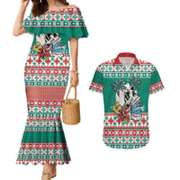 Hawaiian Skull Surfs Couples Matching Mermaid Dress and Hawaiian Shirt Mele Kalikimaka Palaka Quilt Pattern LT9 Green - Polynesian Pride