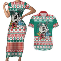 Hawaiian Skull Surfs Couples Matching Short Sleeve Bodycon Dress and Hawaiian Shirt Mele Kalikimaka Palaka Quilt Pattern LT9 Green - Polynesian Pride