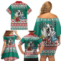 Hawaiian Skull Surfs Family Matching Off Shoulder Short Dress and Hawaiian Shirt Mele Kalikimaka Palaka Quilt Pattern LT9 - Polynesian Pride