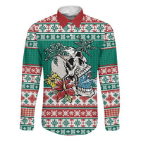 Hawaiian Skull Surfs Family Matching Puletasi and Hawaiian Shirt Mele Kalikimaka Palaka Quilt Pattern LT9 Dad's Shirt - Long Sleeve Green - Polynesian Pride