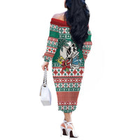 Hawaiian Skull Surfs Off The Shoulder Long Sleeve Dress Mele Kalikimaka Palaka Quilt Pattern - Polynesian Pride