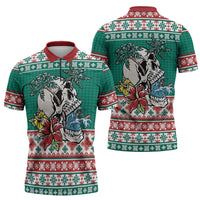 Hawaiian Skull Surfs Zipper Polo Shirt Mele Kalikimaka Palaka Quilt Pattern - Polynesian Pride