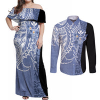 Aloha Vintage Hawaii Tribal Couples Matching Off Shoulder Maxi Dress and Long Sleeve Button Shirt Blue Style LT9 Blue - Polynesian Pride