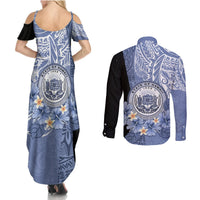 Aloha Vintage Hawaii Tribal Couples Matching Summer Maxi Dress and Long Sleeve Button Shirt Blue Style LT9 - Polynesian Pride