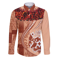 Vintage Tonga Kahoa Heilala Flower Family Matching Off Shoulder Maxi Dress and Hawaiian Shirt LT9 Dad's Shirt - Long Sleeve Peach Fuzz - Polynesian Pride