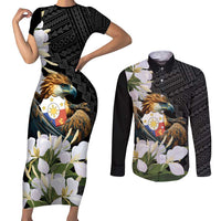 Philippines Eagle with Coat Of Arm Couples Matching Short Sleeve Bodycon Dress and Long Sleeve Button Shirt Simple Sampaguita Jasmine LT9 Black - Polynesian Pride