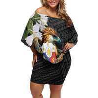 Philippines Eagle with Coat Of Arm Family Matching Off Shoulder Short Dress and Hawaiian Shirt Simple Sampaguita Jasmine LT9 Mom's Dress Black - Polynesian Pride