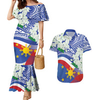 Philippines Flag Couples Matching Mermaid Dress and Hawaiian Shirt Sampaguita Jasmine with Polynesian Tribal LT9 Blue - Polynesian Pride