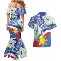 Philippines Flag Couples Matching Mermaid Dress and Hawaiian Shirt Sampaguita Jasmine with Polynesian Tribal LT9 - Polynesian Pride