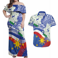 Philippines Flag Couples Matching Off Shoulder Maxi Dress and Hawaiian Shirt Sampaguita Jasmine with Polynesian Tribal LT9 Blue - Polynesian Pride