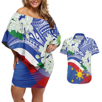 Philippines Flag Couples Matching Off Shoulder Short Dress and Hawaiian Shirt Sampaguita Jasmine with Polynesian Tribal LT9 Blue - Polynesian Pride