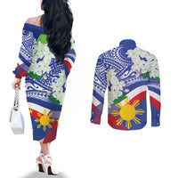 Philippines Flag Couples Matching Off The Shoulder Long Sleeve Dress and Long Sleeve Button Shirt Sampaguita Jasmine with Polynesian Tribal LT9 - Polynesian Pride