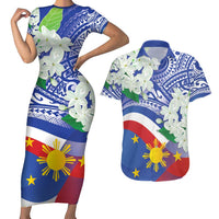 Philippines Flag Couples Matching Short Sleeve Bodycon Dress and Hawaiian Shirt Sampaguita Jasmine with Polynesian Tribal LT9 Blue - Polynesian Pride