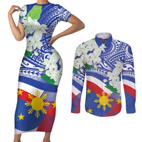 Philippines Flag Couples Matching Short Sleeve Bodycon Dress and Long Sleeve Button Shirt Sampaguita Jasmine with Polynesian Tribal LT9 Blue - Polynesian Pride