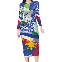 Philippines Flag Family Matching Long Sleeve Bodycon Dress and Hawaiian Shirt Sampaguita Jasmine with Polynesian Tribal LT9 Mom's Dress Blue - Polynesian Pride
