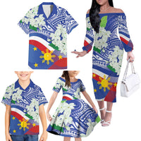 Philippines Flag Family Matching Off The Shoulder Long Sleeve Dress and Hawaiian Shirt Sampaguita Jasmine with Polynesian Tribal LT9 - Polynesian Pride