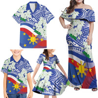Philippines Flag Family Matching Off Shoulder Maxi Dress and Hawaiian Shirt Sampaguita Jasmine with Polynesian Tribal LT9 - Polynesian Pride