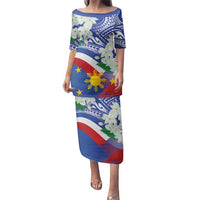 Philippines Flag Family Matching Puletasi and Hawaiian Shirt Sampaguita Jasmine with Polynesian Tribal LT9 Mom's Dress Blue - Polynesian Pride