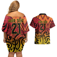 New Zealand Rangatira Custom Couples Matching Off Shoulder Short Dress and Hawaiian Shirt Red and Gold Niho Taniwha Maori Tribal LT9 - Polynesian Pride
