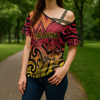 New Zealand Rangatira Custom Cross Shoulder Shirt Red and Gold Niho Taniwha Maori Tribal LT9 - Polynesian Pride