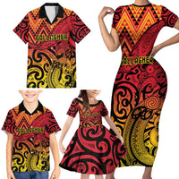 New Zealand Rangatira Custom Family Matching Short Sleeve Bodycon Dress and Hawaiian Shirt Red and Gold Niho Taniwha Maori Tribal LT9 - Polynesian Pride